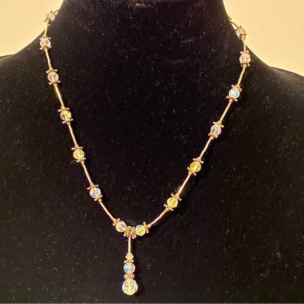 Liquid Sterling Silver and Aurora Borealis Beaded Y necklace 18 inches - Picture 3 of 9